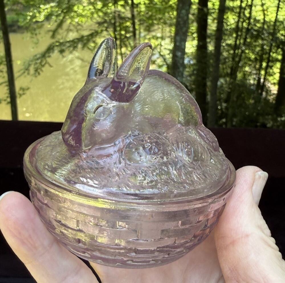 Bunny Rabbit On Nest Longaberger Collectors Lavender Glass Covered Bunny Dish